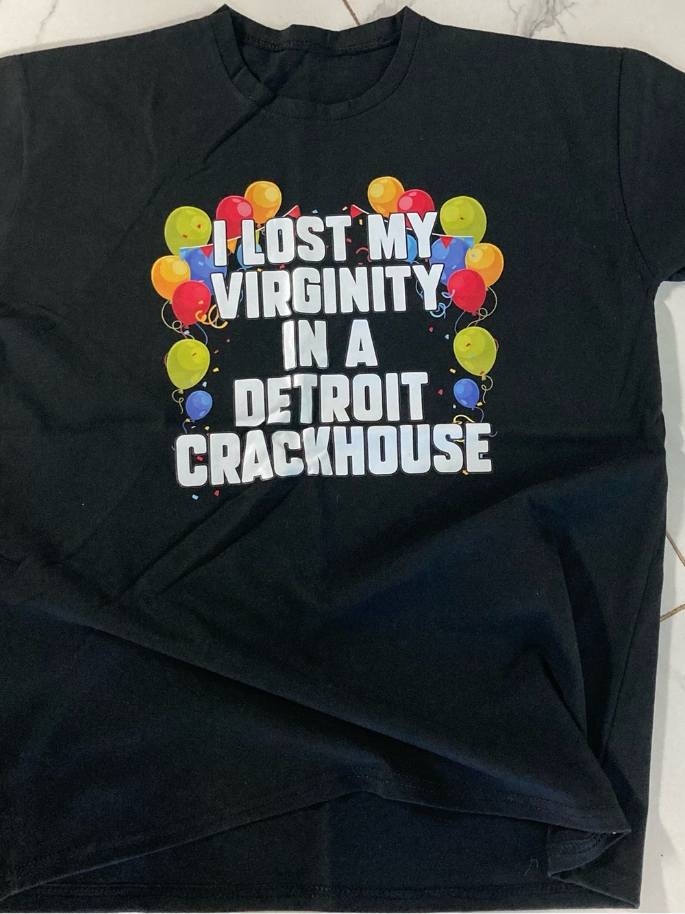 Gildan Black Tee with White Text and Multicolor Balloon Graphic
